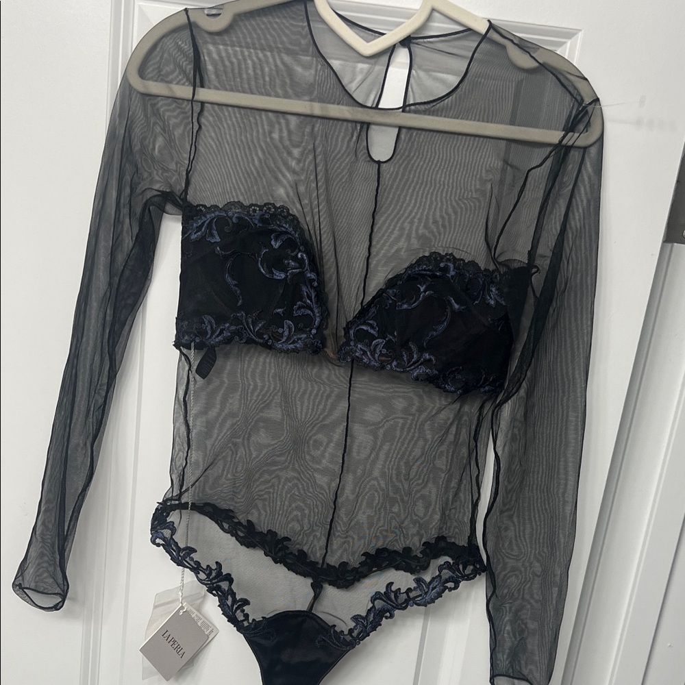 La Perla Black and Blue Lace Bodysuit